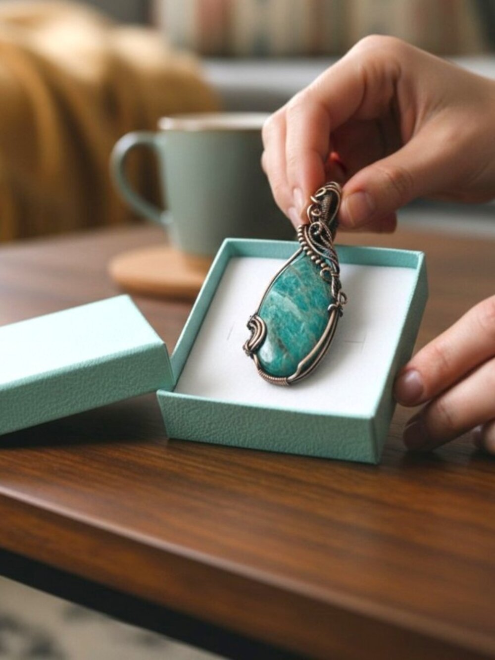 Amazonite Necklace, Natural Teal Blue Gemstone Pendant Wire Wrapped in Copper